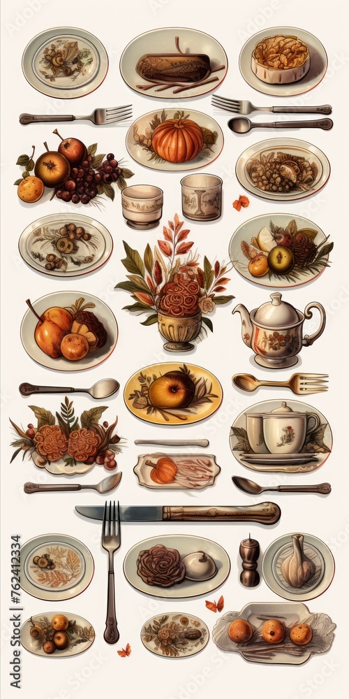 Poster generative ai miniature digital sticker set depicting a lavish thanksgiving dinner table with atmosp