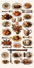Generative AI Miniature digital sticker set depicting a lavish Thanksgiving dinner table with atmospheric watercolor hues, emphasizing bronze cutlery and white table settings in a cottagepunk style.