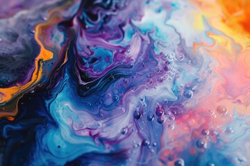 Beautiful abstraction of liquid paints in slow blending flow mixing together gently,Abstract background features a swirling liquid wave in blue and pink. The glossy texture creates a sense of movement - obrazy, fototapety, plakaty