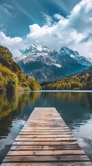 Fototapeta premium A wooden dock rests on top of a body of water, creating a pathway for boats and people to access the shore. The dock extends outwards, adding an element of depth and perspective to the scene.