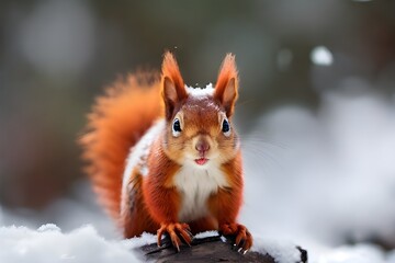 Banner with cute red squirrel (Sciurus vulgaris) sitting in a snow and looking for food on winter forest blurred background. Banner with beautiful animal in the nature habitat. Generative AI - obrazy, fototapety, plakaty