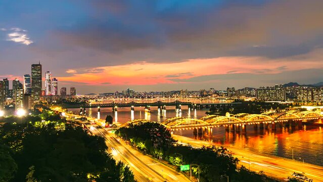 sunset over the Han river in Seoul City South Korea
