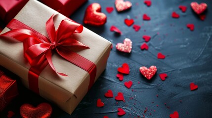Wrapped Gift With Red Ribbon Among Heart Decorations for Valentines Day Celebration