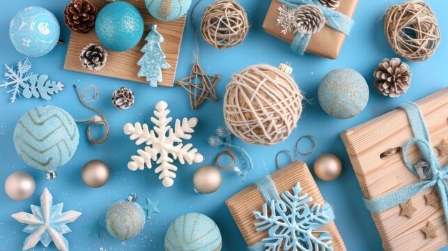 Zero waste Christmas or New Year gift concept. Festive balls and stars, snowflakes and presents. Natural decor for crafting at home. Wooden boards background in blue tones, close up