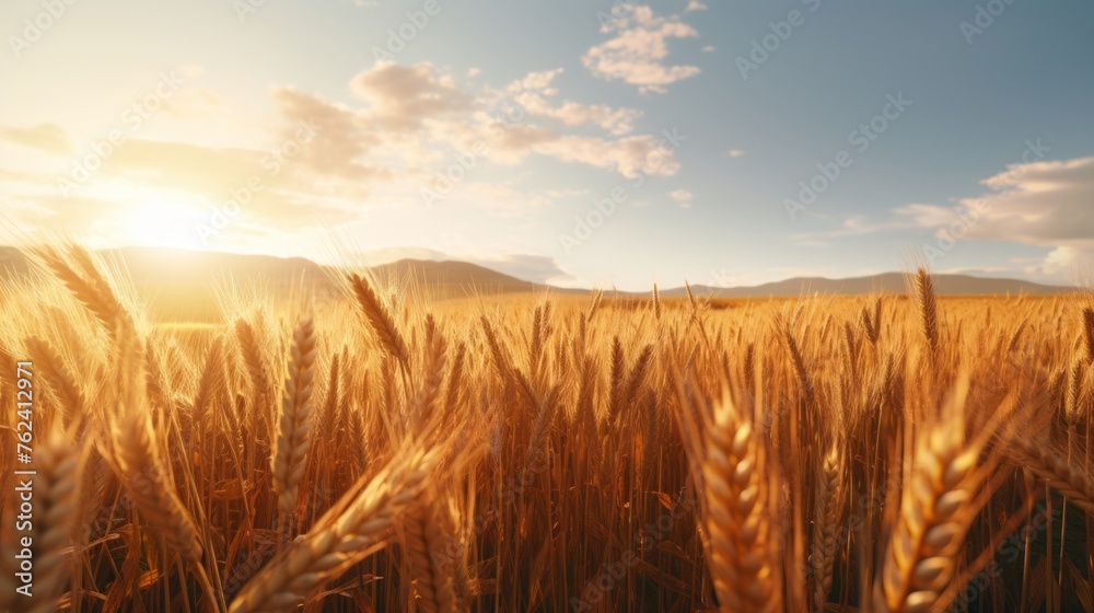 Poster generative ai expansive wheat fields bathed in golden sunlight, showcasing the ripening wheat crops 