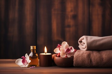 A tranquil spa arrangement with orchids, a towel, massage oil, and a candle. Spa Essentials with...
