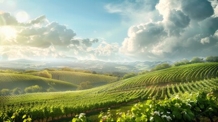 A scenic view of a vineyard nestled in the rolling hills, with rows of grapevines extending into...