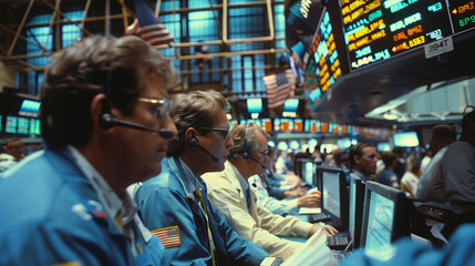 Stock traders immersed in the hustle of the trading floor. - obrazy, fototapety, plakaty