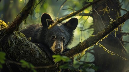 A black bear is sitting on a tree branch in the forest, showcasing its strength and agility as it balances high above the ground. The bears fur is dark and blends in with the surrounding bark, camoufl