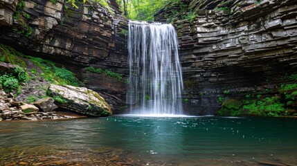 A powerful waterfall cascading down through a lush green forest, surrounded by tall trees and rocks. The water crashes onto the rocks below, creating a mesmerizing display of natures force.
