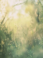 Sunlight filters through blades of grass, highlighting the delicate textures and soft green hues of early spring.