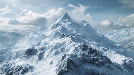 A tall mountain covered in snow stands imposingly under a cloudy sky. The white snow contrasts with the dark clouds in the sky above, creating a dramatic scene. - Powered by Adobe