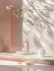 Elegant cosmetic products arranged on a serene pink backdrop with delicate cherry blossoms casting soft shadows.