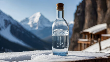 Bottle of crystal water against blurred nature snow mountain landscape background. Organic pure natural water. Healthy refreshing alkaline.