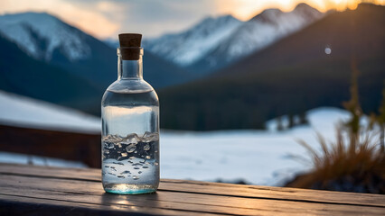 Bottle of crystal water against blurred nature snow mountain landscape background. Organic pure...