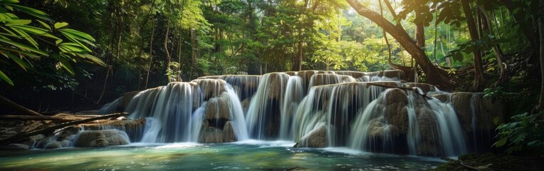 A large waterfall cascades down rocks in the middle of a dense forest. The powerful force of the water creates mist and a roaring sound as it crashes into the pool below.