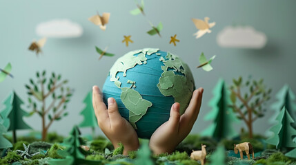 globe Earth planet in hands above green nature garden, safe ecology, care about Earth