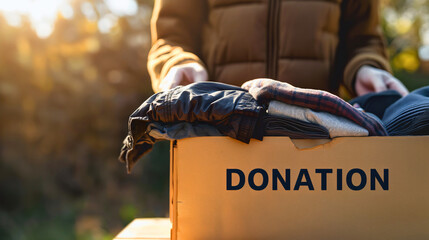 Woman holding cardboard box with text "Donation". Clothes for the poor, community volunteering for charity purposes concept. Giving away second hand things for children in poverty or homeless people