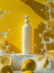 Lemon scented shampoo bottle mockup