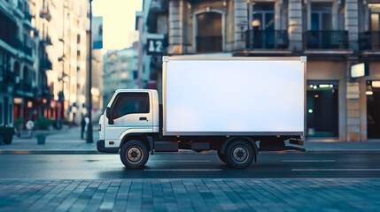 Empty blank white mockup on the small truck vehicle driving through the city street, template for advertisement. Commercial business transport delivery cargo, side view