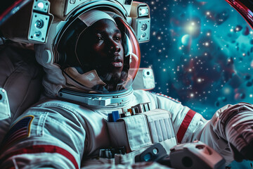 black man astronaut flying spaceship through deep space galaxy - obrazy, fototapety, plakaty