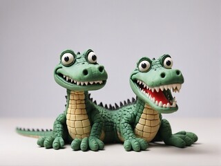 Fototapeta premium Two toy alligators sit side by side, exuding a whimsical charm and hinting at a secret conversation between them