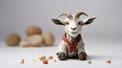 A beautifully crafted goat figurine is perched elegantly on top of a large pile of assorted nuts - obrazy, fototapety, plakaty
