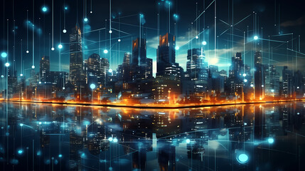 Fototapeta na wymiar Vibrant digital smart city at night