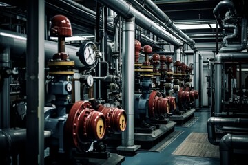 Fototapeta premium The heart of the factory: A close-up shot of bellows and its complex network of pipes and valves