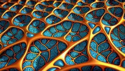 A mesmerizing fractal artwork featuring an intricate geometric pattern of glowing orange honeycomb cells filled with swirling blue designs resembling paisley or floral motifs.