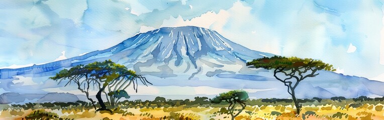 A watercolor painting featuring Mount Kilimanjaro in the background, towering over a forest of trees in the foreground. The snow-capped peak contrasts with the lush greenery below, creating a striking