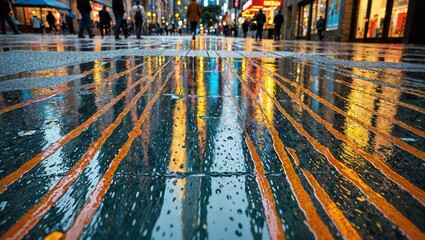 A vibrant urban night scene capturing glistening rain reflections on a wet street in a city, with lights from shops and people creating an abstract blur of colors.