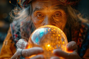 Ancient female gypsy fortune-teller conducts a reading using a crystal ball, the gift of divination helps her see the future. Mystical and magic atmosphere - obrazy, fototapety, plakaty