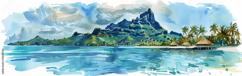 Poster a beautiful painting of a tropical island with palm trees and a mountain in the background. the wate