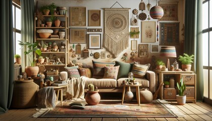 bohemian style living room interior with no people, featuring a lively mix of colors, textures, and cultural influences.