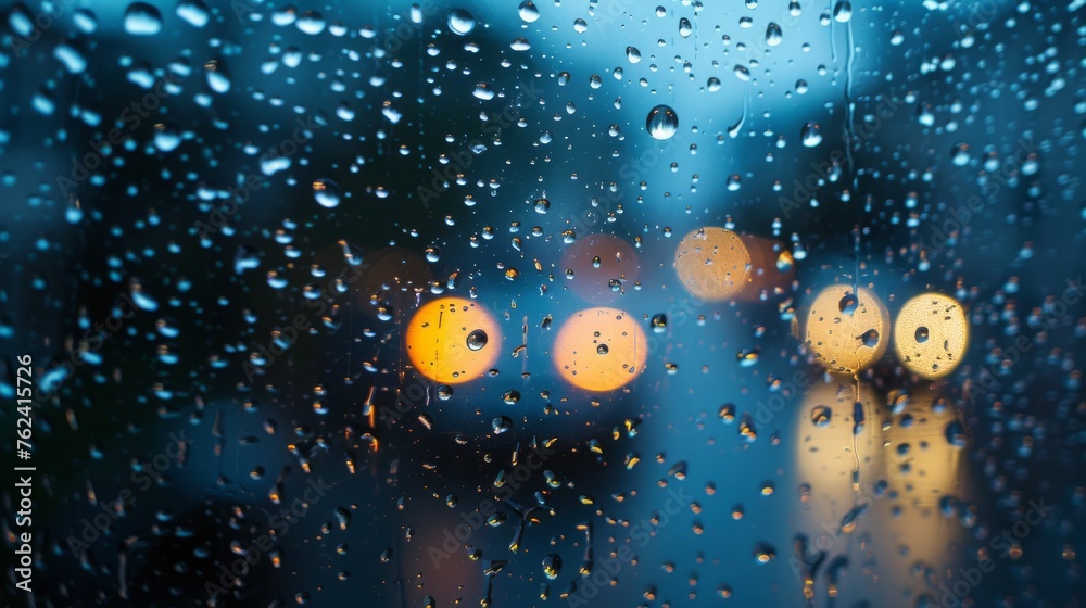 Poster Rain drops are seen on a window, reflecting the dimly lit street lights in the background. The droplets create a distorted view of the illuminated urban scene behind them.