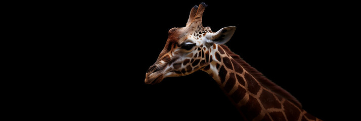 The majestic head of a giraffe stands out against a studio-lit black background, showcasing its unique pattern and graceful features