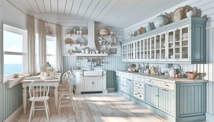 Coastal Hamptons style kitchen interior, combining vintage charm with practicality.