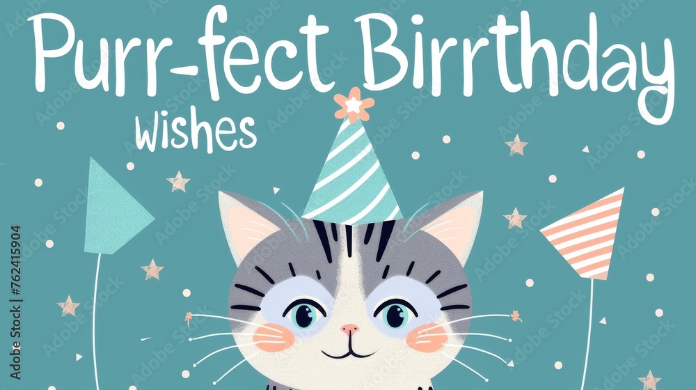 Poster a colorful birthday card displaying a cartoon cat wearing a festive party hat. the cat is depicted i