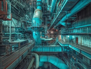 Complex network of pipes and structures at an industrial facility with a cool-toned color palette.