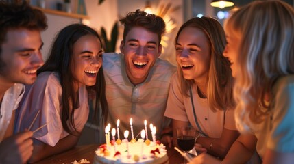 A group of individuals sitting around a table, celebrating a special occasion with a delicious cake in the center. They are engaged in conversation and laughter while enjoying the sweet treat together - obrazy, fototapety, plakaty
