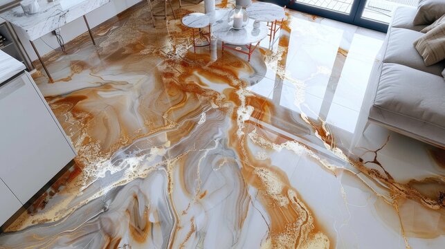 Beautiful and modern marble floor covering with epoxy and resin. Expensive but long life. Generative AI