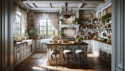 Shabby Chic kitchen interior with a focus on repurposed and antique elements. The kitchen boasts walls with floral wallpaper in muted tones