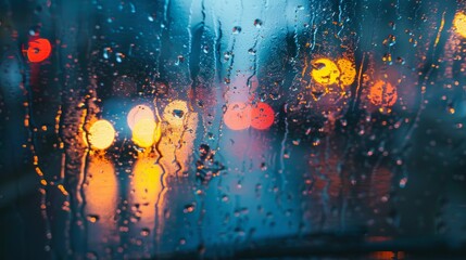 Rain streaks cover a window, while street lights illuminate the background. The scene captures a rainy night in an urban setting.