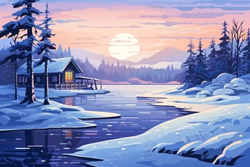 Gordijnen a house on a lake with snow and trees © Elena