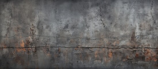 A detailed closeup of a grey concrete wall with a rectangular pattern, creating a composite material look. The darkness contrasts with the landscape of wood and soil flooring - obrazy, fototapety, plakaty