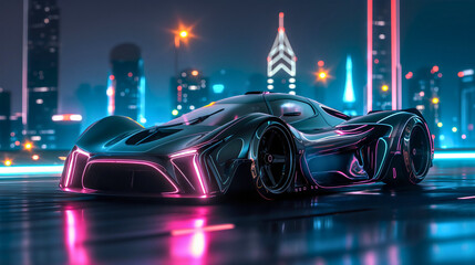 Futuristic black shiny sports car parked in front of the neon city with tall buildings. Future fast driving vehicle or automobile on the road in the town, urban architecture with reflections,cyberpunk - obrazy, fototapety, plakaty
