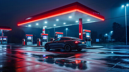 Modern luxurious sports car parked in front of the gas station at night. Refilling the fuel in the...