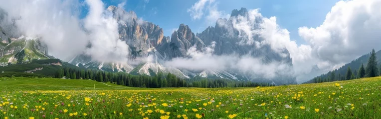 Fotobehang A field filled with yellow flowers under a clear blue sky, with majestic mountains towering in the background. The vibrant flowers contrast beautifully with the rugged mountains. © vadosloginov