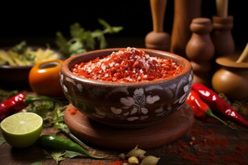 Aromatic Salsa seasoning bowl. Tasty traditional red tomatoes sauce. Generate ai